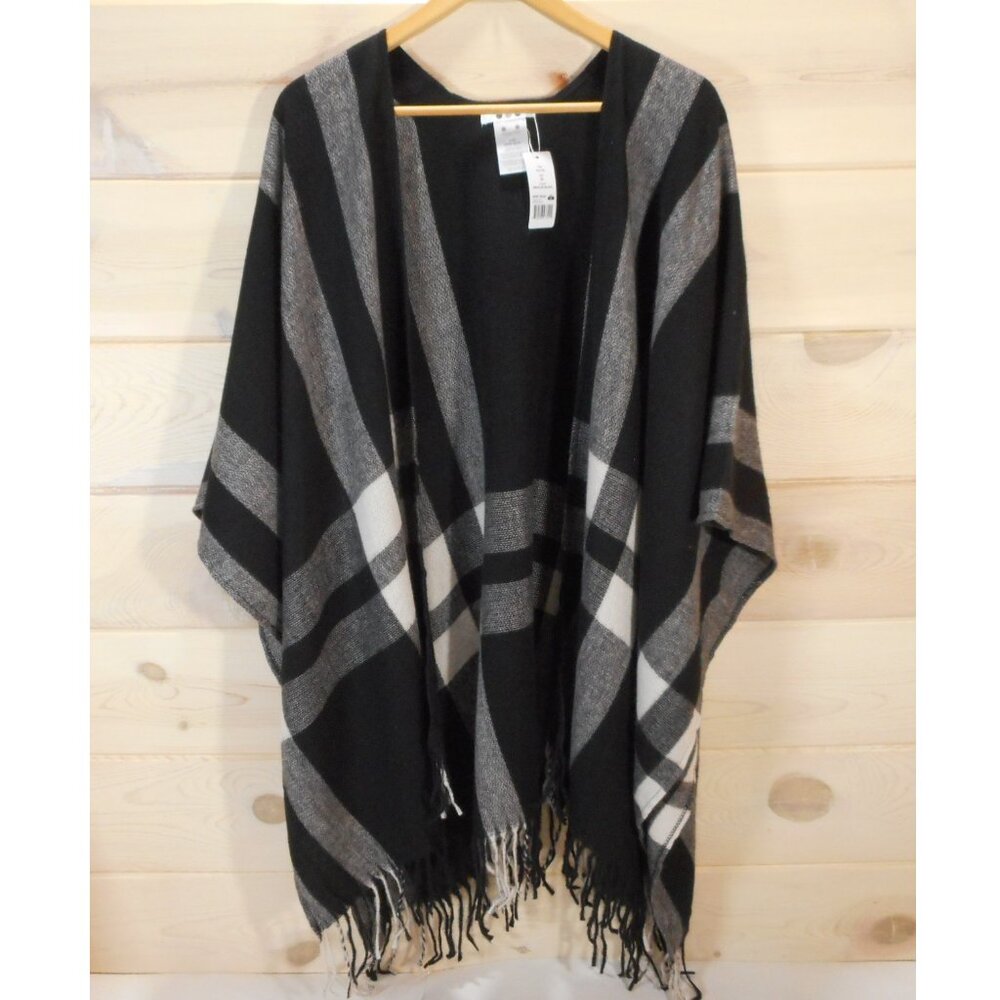 NWT Three Dots Black Gray Erin Plaid Open Front Wrap Shawl Fringe Neutral OS
